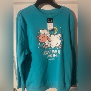 Blessed Girl Kids “Jesus Loves Me & Ewe” Sweatshirt XL Teal Sheep Graphic NWT